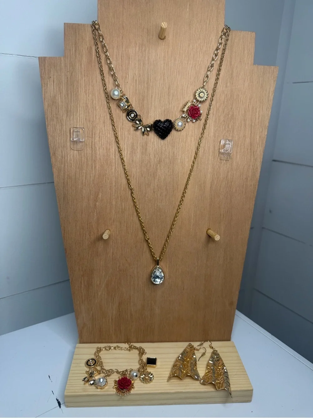 paparazzi Gold-Tone Layered Necklace Set with Black Heart and Red Rose Accents